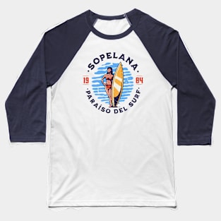 Vintage Sopelana, Spain Surfer's Paradise // Retro Surfing 1980s Badge B Baseball T-Shirt